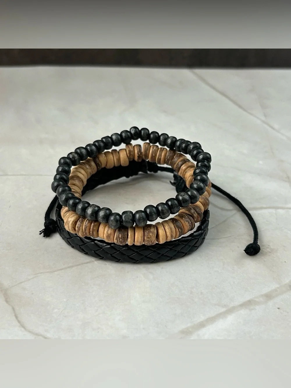 Men's Black and Brown Layered Bead & Braided Bracelet Set